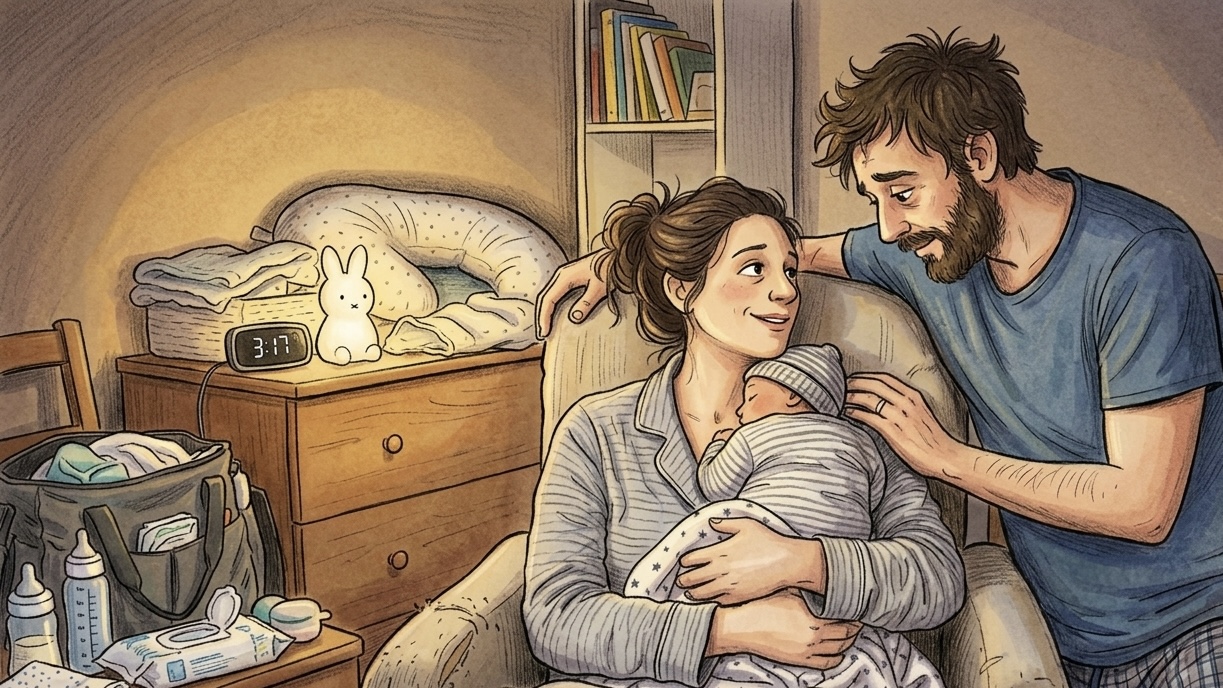Due neogenitori si guardano teneramente mentre tengono in braccio il loro bambino, di notte
